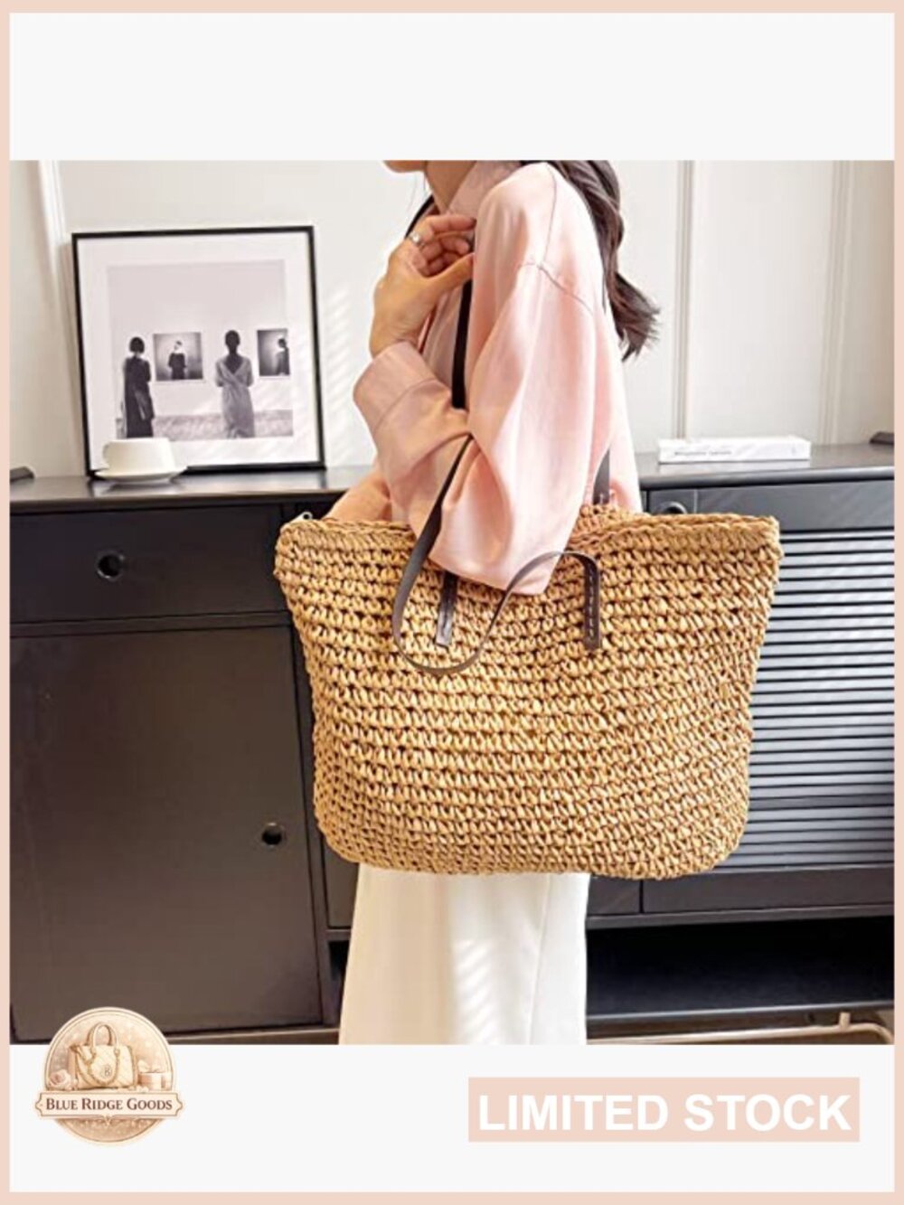 Large Straw Tote Bag Handwoven Summer Beach Shoulder Bag Zipper Closure Foldable - Picture 3 of 7